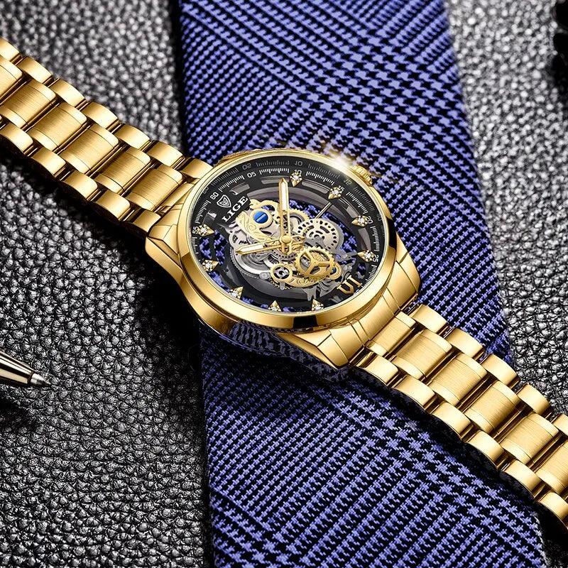 LIGE New Men Watch Skeleton Quartz Wristwatch Gold - Empire P.E