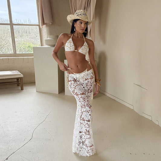 2025 Sexy White Lace 3 Pieces Bikini Set
