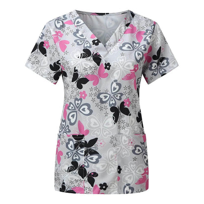 Ladies Nurse Uniform Short Sleeve V-neck Workwear Flower Print Working Uniform - Empire P.E