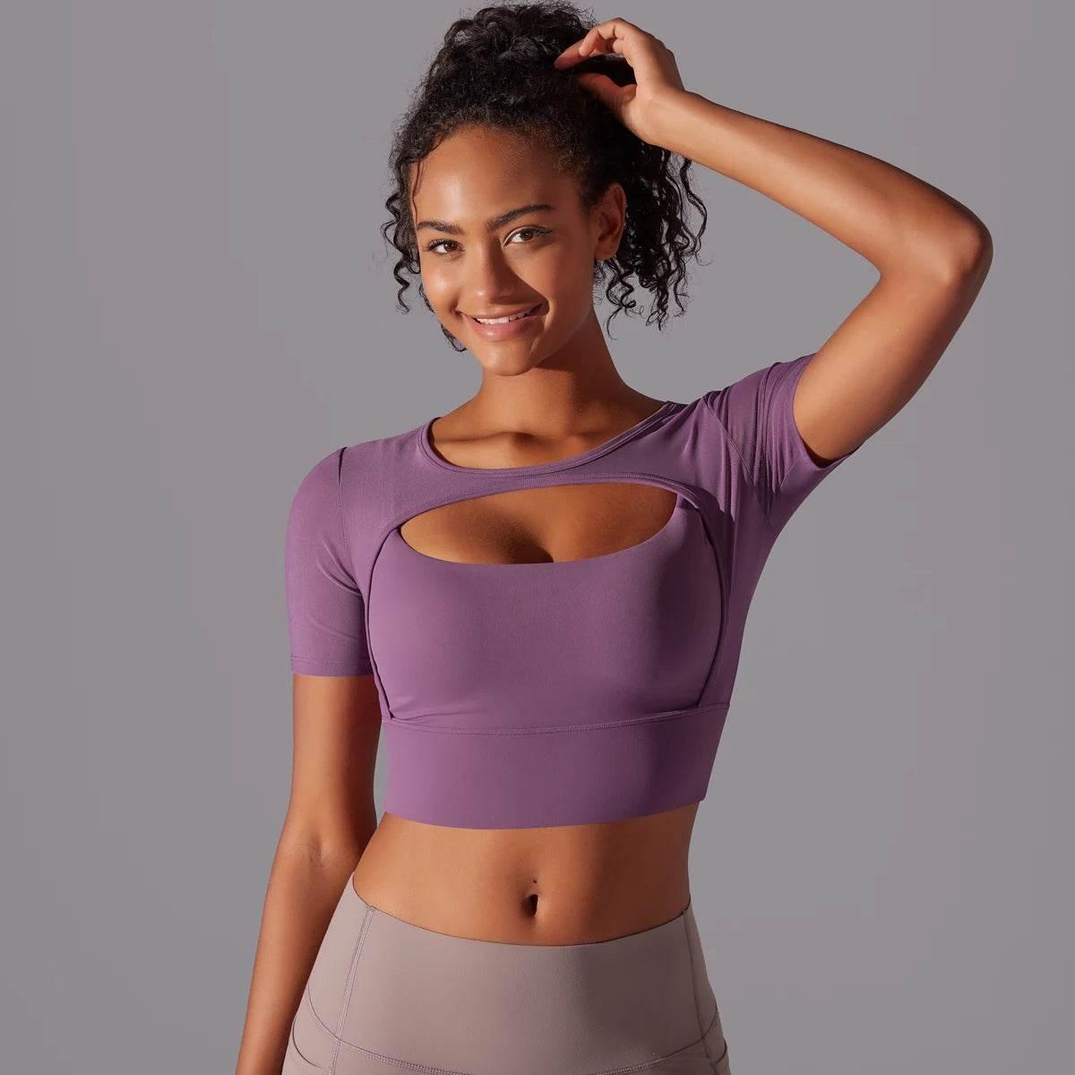 Solid Color Yoga Short Sleeve Sexy Double Layer Yoga Tank Top Spliced Mesh Yoga Clothing Top Fitness Running Sports Bra Women - Empire P.E