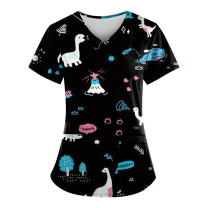 Print Ladies Nurse Uniform Short Sleeve V-Neck Scrub Tops - Empire P.E