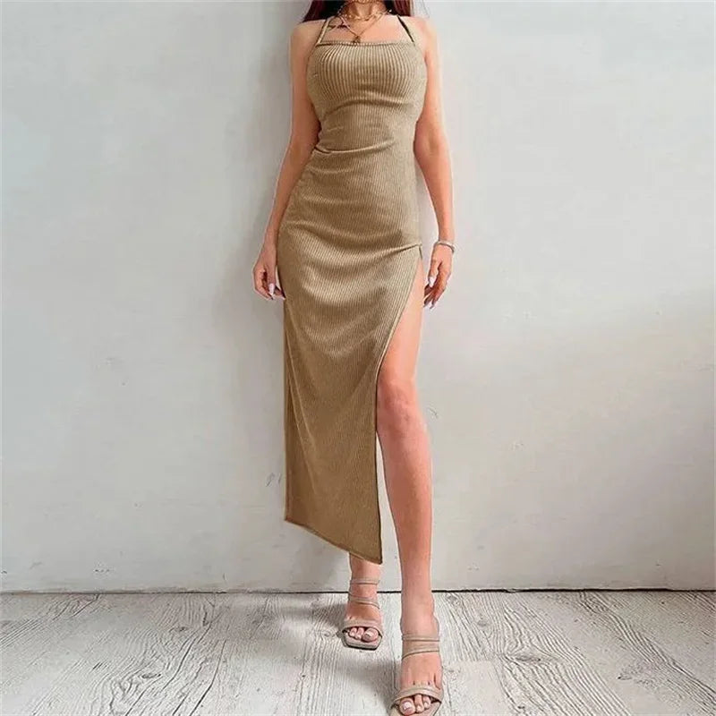 Sexy Black Long Bodycon Dress Women Summer Sleeveless Blackless Halter Neck Spaghetti Strap Dresses High Split Vestidos - Empire P.E