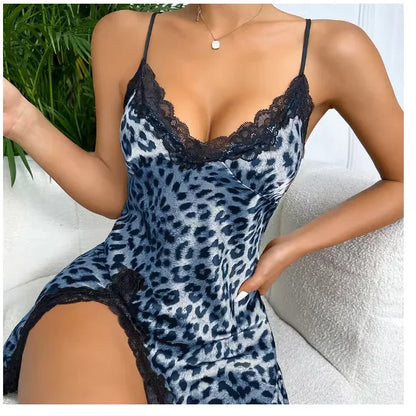Lace Trim Leopard Nightdress V Neck Backless - Empire P.E
