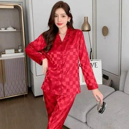 Plus Size Women Pajamas Set Long Sleeves Girl Home Wear Two-Piece Cardigan Solid Plaid Sleepwear Sexy Nightwear Autumn Winter - Empire P.E