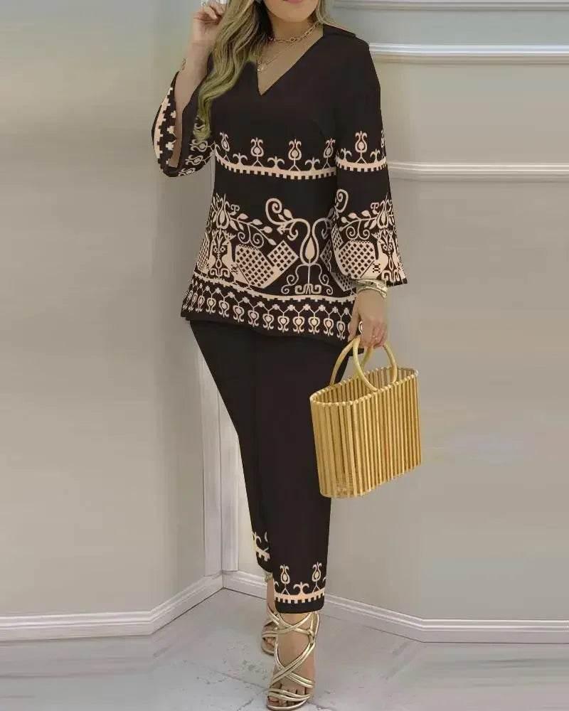 Women Print V Neck Tops Pant Sets Full Sleeve Pullover Two Piece Suit Elastic Waist Trousers Splice Shirts Autumn Regular Fit - Empire P.E
