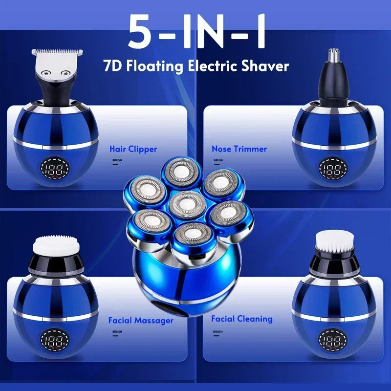 Newest 5-in-1 Electric Shaver 7D Floating Cutter Head Bald Hair Clipper Wireless Charging Men Nose Trimmer Electric Beard Razor - Empire P.E