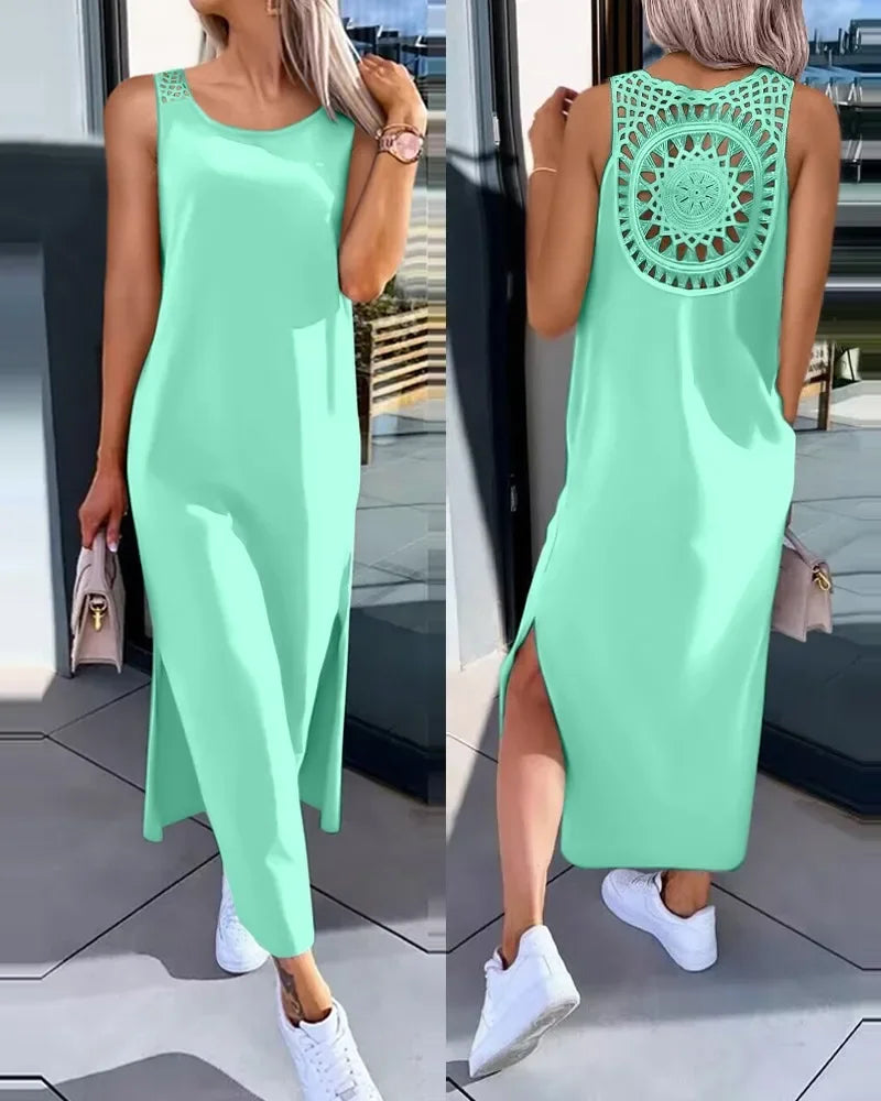 Hollow Out Solid Long Dress Women Fashion Sleeveless - Empire P.E