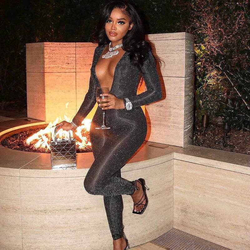 Hugcitar Bling Glitter Women Deep V Neck Backless Skinny Jumpsuit 2022 New Bodycon Sexy Streetwear Party Club Elegant Shine - Empire P.E