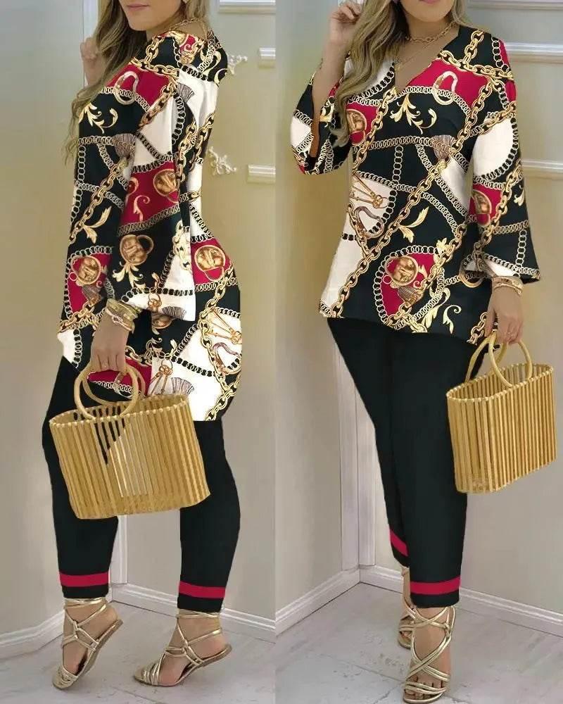 Women Print V Neck Tops Pant Sets Full Sleeve Pullover Two Piece Suit Elastic Waist Trousers Splice Shirts Autumn Regular Fit - Empire P.E