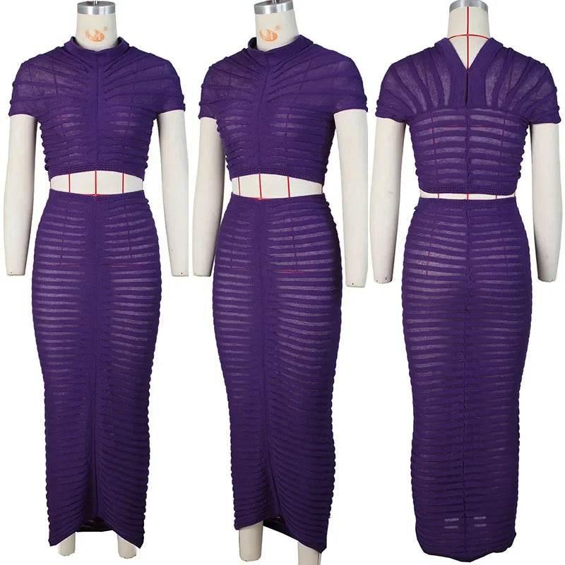 Sexy Knitted Striped 2 Piece Sets Women Outfit Y2K Clothes Birthday Sheer Crop Top and Long Skirt Set Elegant Night Club Outfits - Empire P.E