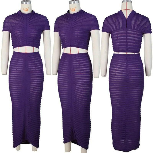 Sexy Knitted Striped 2 Piece Sets Women Outfit Y2K Clothes Birthday Sheer Crop Top and Long Skirt Set Elegant Night Club Outfits - Empire P.E