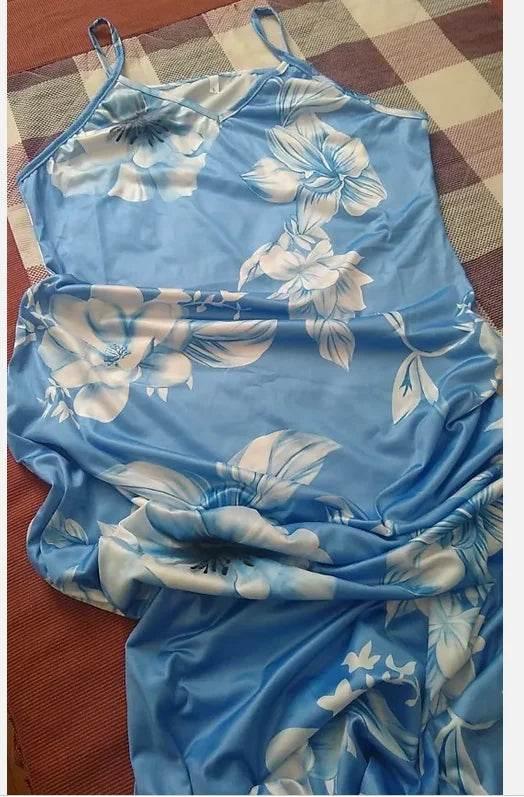 Woman Summer Long Dress Sling New Milk Silk Slim Floral Flowers Print Sleeveless V Neck Maxi Dresses Clothing Vestidos YRW6820 - Empire P.E