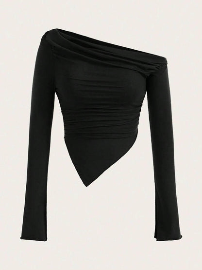 Women Sexy Solid One Shoulder Long Sleeve T Shirt Spring Fall 2025 Y2K Clothes Grunge Goth Slim Fit Tee Top Tshirt Streetwear - Empire P.E