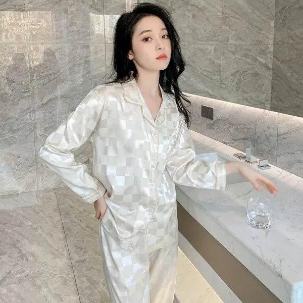 Plus Size Women Pajamas Set Long Sleeves Girl Home Wear Two-Piece Cardigan Solid Plaid Sleepwear Sexy Nightwear Autumn Winter - Empire P.E