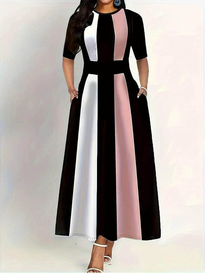 Plus size summer new women's clothing dress, elegant slim fit, fashionable and contrasting color dress for commuting - Empire P.E