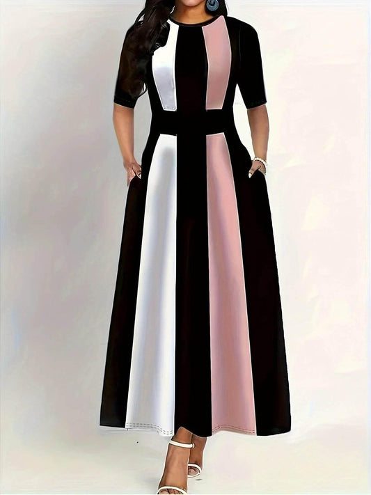 Plus size summer new women's clothing dress, elegant slim fit, fashionable and contrasting color dress for commuting - Empire P.E