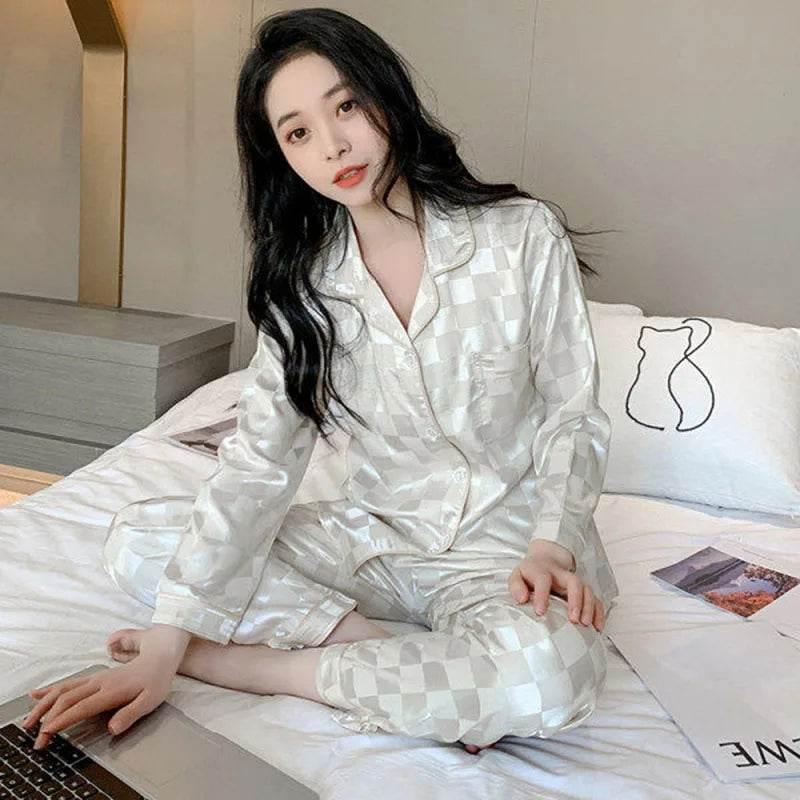 Plus Size Women Pajamas Set Long Sleeves Girl Home Wear Two-Piece Cardigan Solid Plaid Sleepwear Sexy Nightwear Autumn Winter - Empire P.E
