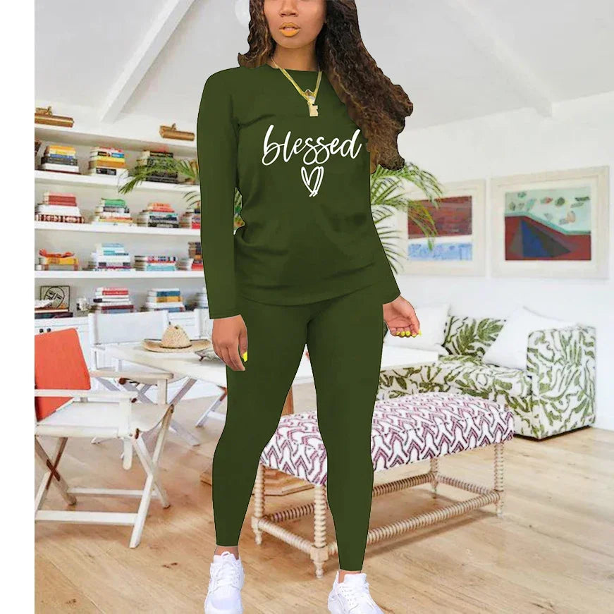 Women's long sleeved round neck blessing printed T-shirt and tight pants - Empire P.E