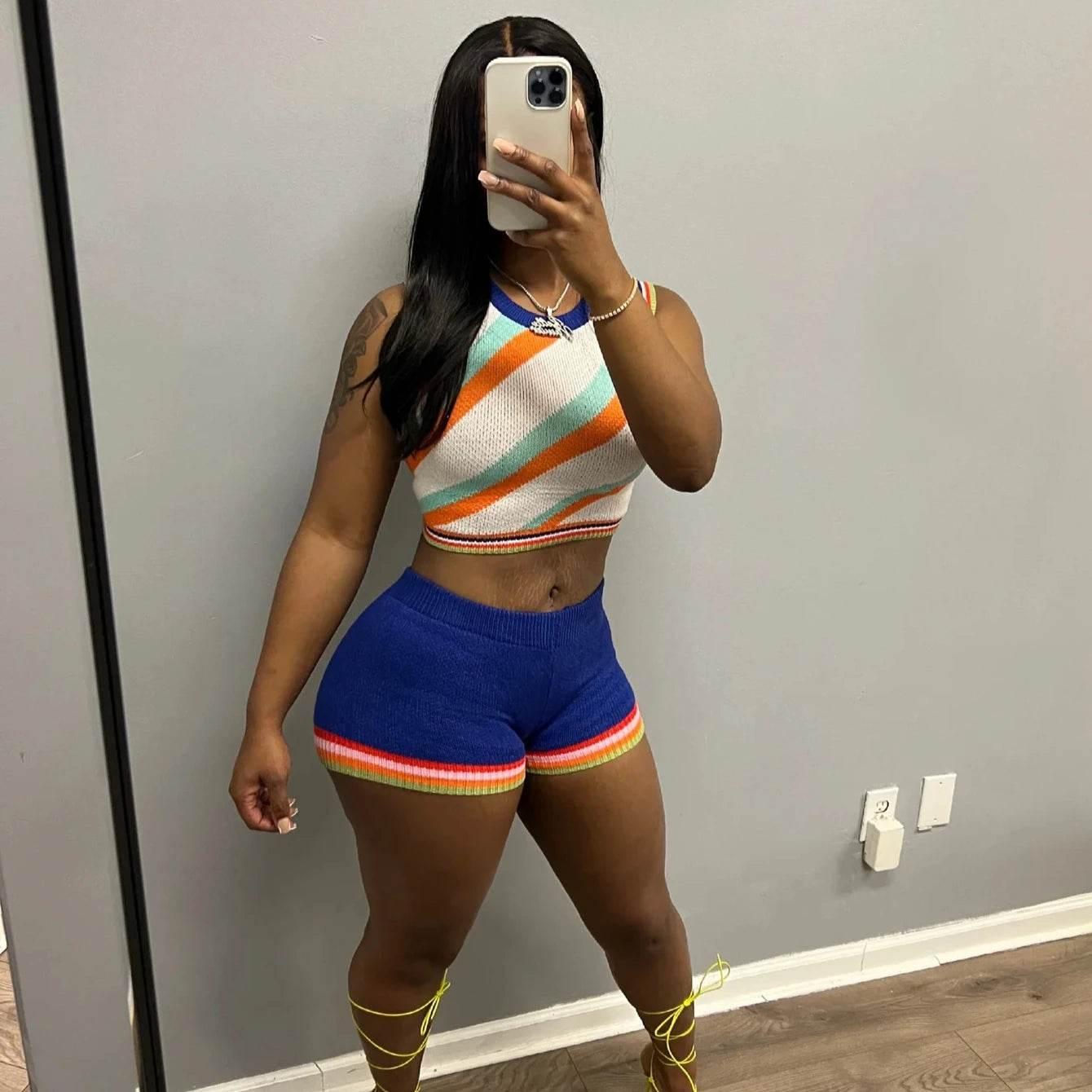 HLJ Fashion Knitted Striped 2 Piece Sets Woman Outfit Slim O-neck Crop Top + Shorts Casual Crochet Tracksuits Female Clothing - Empire P.E