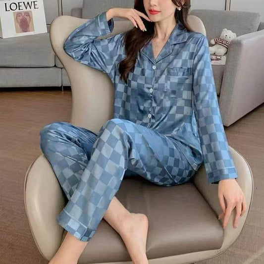 Plus Size Women Pajamas Set Long Sleeves Girl Home Wear Two-Piece Cardigan Solid Plaid Sleepwear Sexy Nightwear Autumn Winter - Empire P.E
