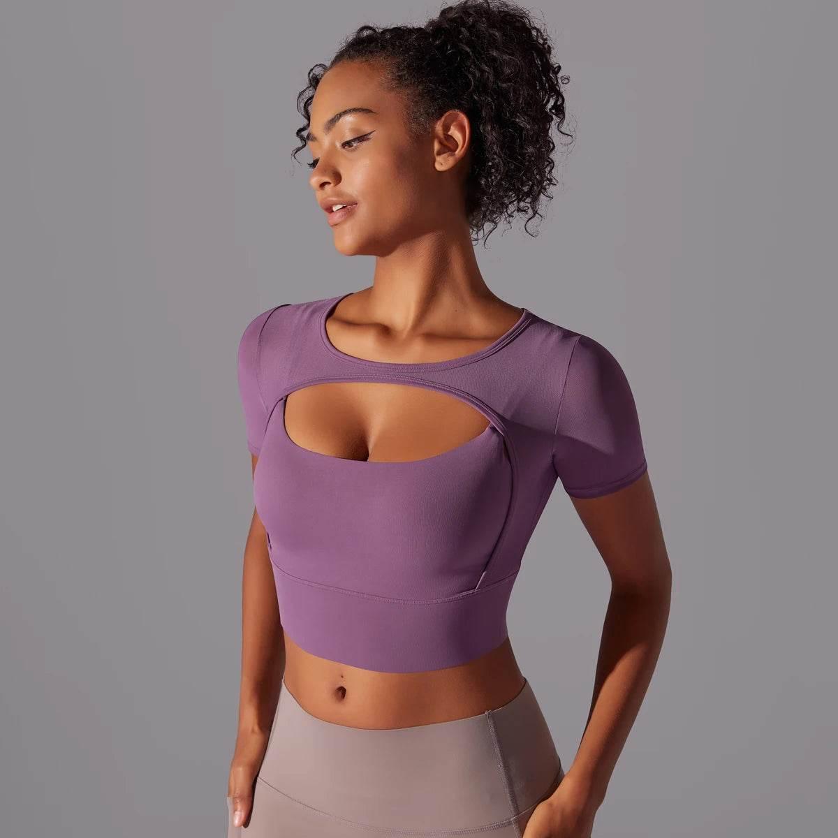 Solid Color Yoga Short Sleeve Sexy Double Layer Yoga Tank Top Spliced Mesh Yoga Clothing Top Fitness Running Sports Bra Women - Empire P.E