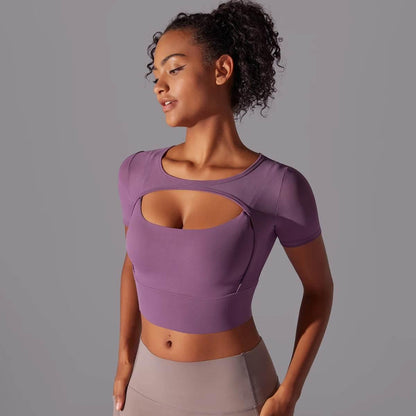Solid Color Yoga Short Sleeve Sexy Double Layer Yoga Tank Top Spliced Mesh Yoga Clothing Top Fitness Running Sports Bra Women - Empire P.E