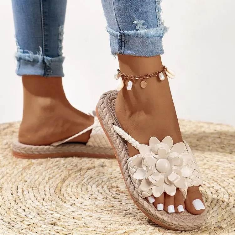 Slippers Women Ombre Floral Pattern Braided Casual Shoes Vacation Flat Holographic Braided Floral Pattern Toe Beach Flip Flops - Empire P.E
