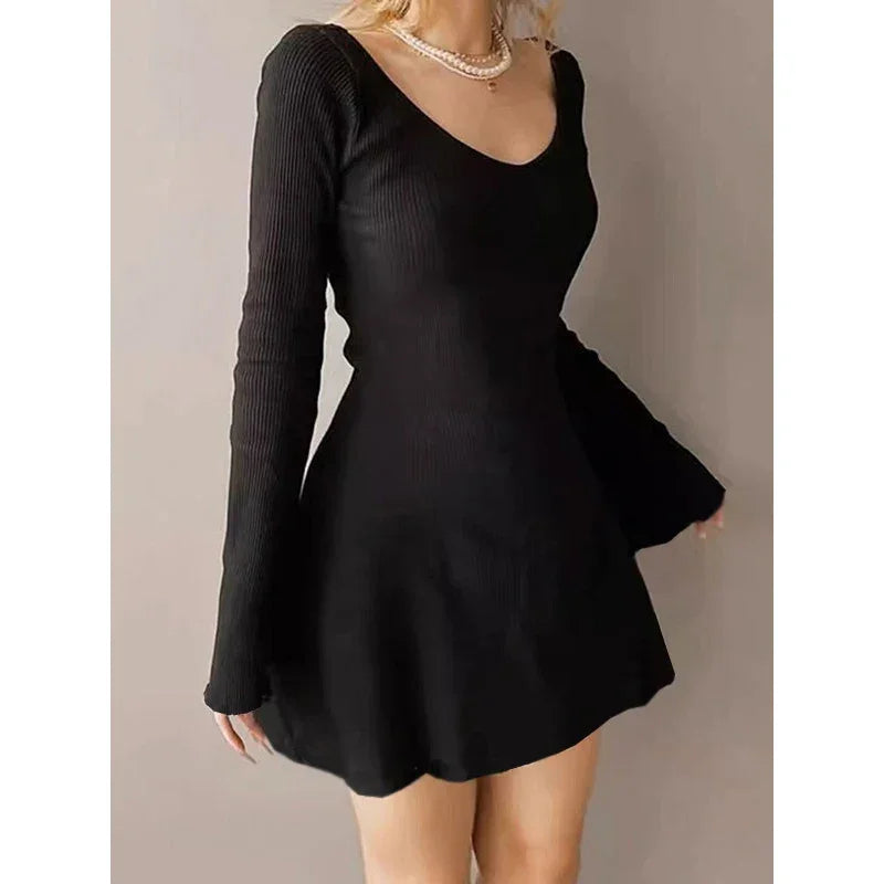 Elegant And Pretty Women Dresses Autumn Winter New Black Sexy Short Dress Female V Neck Long Sleeve Slim Solid Color Mini Dress - Empire P.E