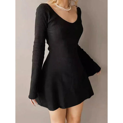 Elegant And Pretty Women Dresses Autumn Winter New Black Sexy Short Dress Female V Neck Long Sleeve Slim Solid Color Mini Dress - Empire P.E
