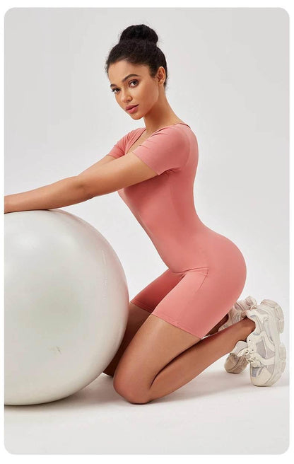 Fashion Women Yoga Suit Short Sleeve Gym Sports Jumpsuit Solid Color Workout Yoga Bodysuit Square Neck Yoga Set Sportswear - Empire P.E