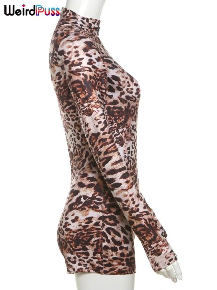 Weird Puss Leopard Print Romper Women 2024 Autumn Trend Hipster Long Sleeve O-Neck Skinny Stretch Streetwear Sexy Playsuits - Empire P.E