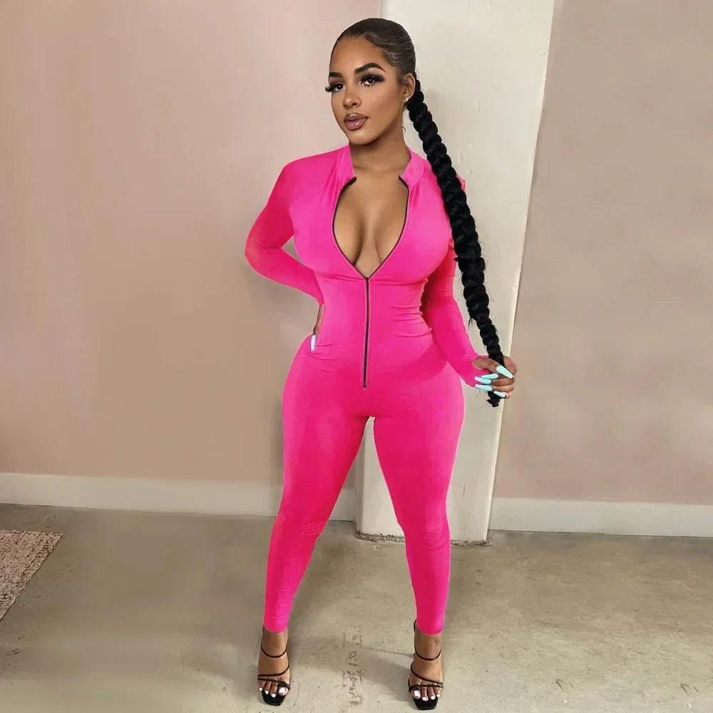 Sexy Solid Color Long Sleeve Deep V Bodycon Rompers Womens Jumpsuit Sport Suit Fashion Zip Up Long Pants Overalls Fitness Set - Empire P.E