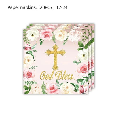 10Guests Pink Cross Baby Communion Party Supplies Flower God Bless Tableware Paper Plates Cups Baptismal Party Decor Baby Shower