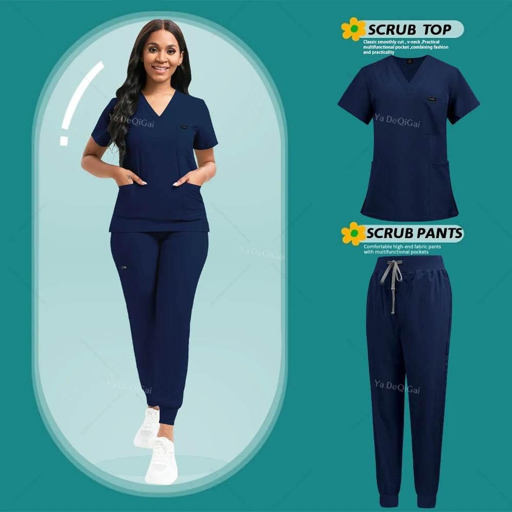 Stretch Scrubs Women Set Nursing Uniforms Clinical Scrubs Set Nurse Doctor Dustproof Workwear Medical Scrubs Top+ Jogger Pants - Empire P.E
