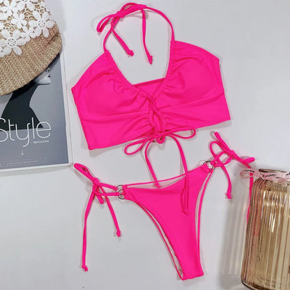 Sexy  Leopard Push Up Drawstring Bikini Set
