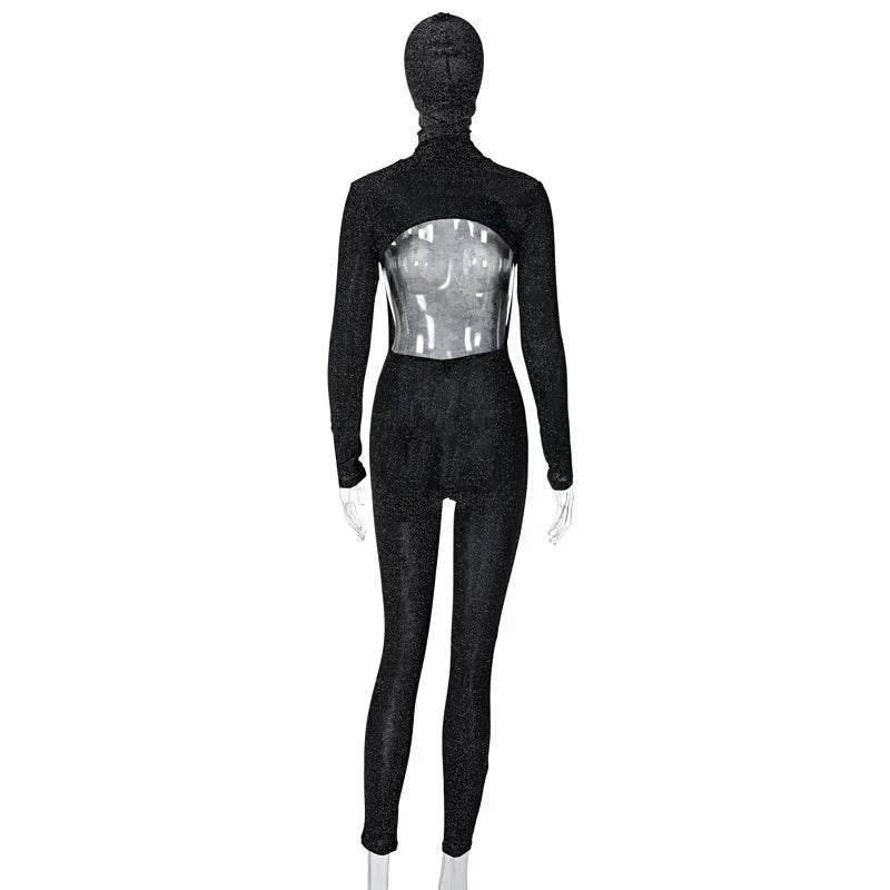 Sequins Silk Jumpsuits With Headwear 2024 Autumn Women Sexy Turtleneck Backless Long Sleeve Skinny Overalls Party Club Rompers - Empire P.E