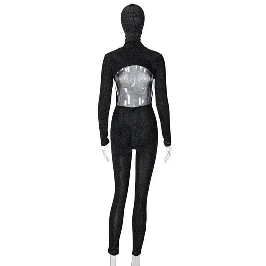 Sequins Silk Jumpsuits With Headwear 2024 Autumn Women Sexy Turtleneck Backless Long Sleeve Skinny Overalls Party Club Rompers - Empire P.E