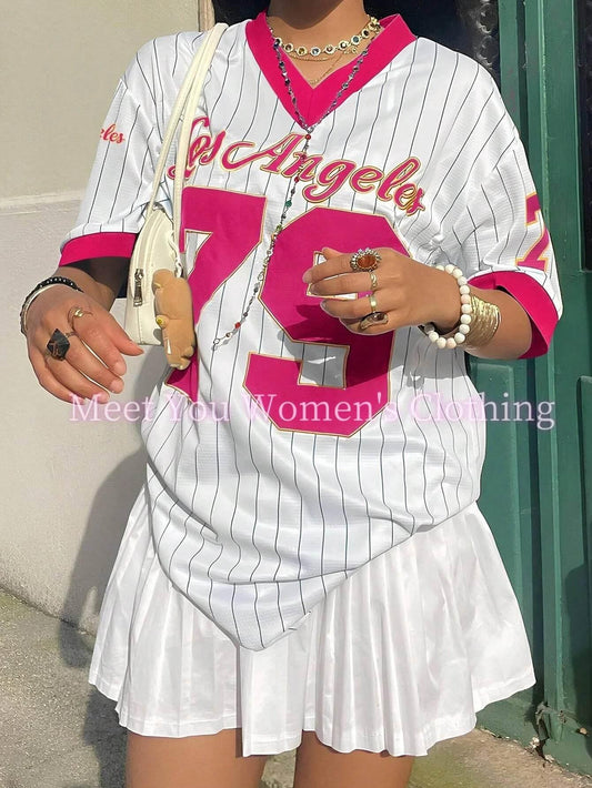 Women Los Angeles Number 79 Print V-Neck Short Sleeve T-Shirt Summer Graphic Tee Baseball Jerseys Stripe Oversized Sport T-Shirt - Empire P.E