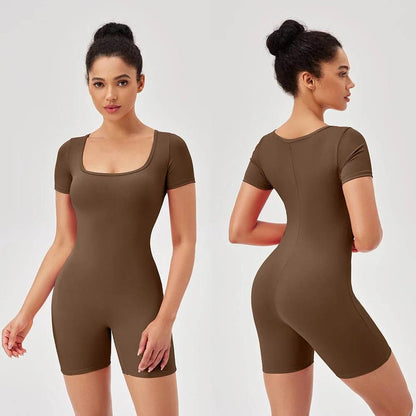 Fashion Women Yoga Suit Short Sleeve Gym Sports Jumpsuit Solid Color Workout Yoga Bodysuit Square Neck Yoga Set Sportswear - Empire P.E