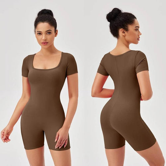 Fashion Women Yoga Suit Short Sleeve Gym Sports Jumpsuit Solid Color Workout Yoga Bodysuit Square Neck Yoga Set Sportswear - Empire P.E