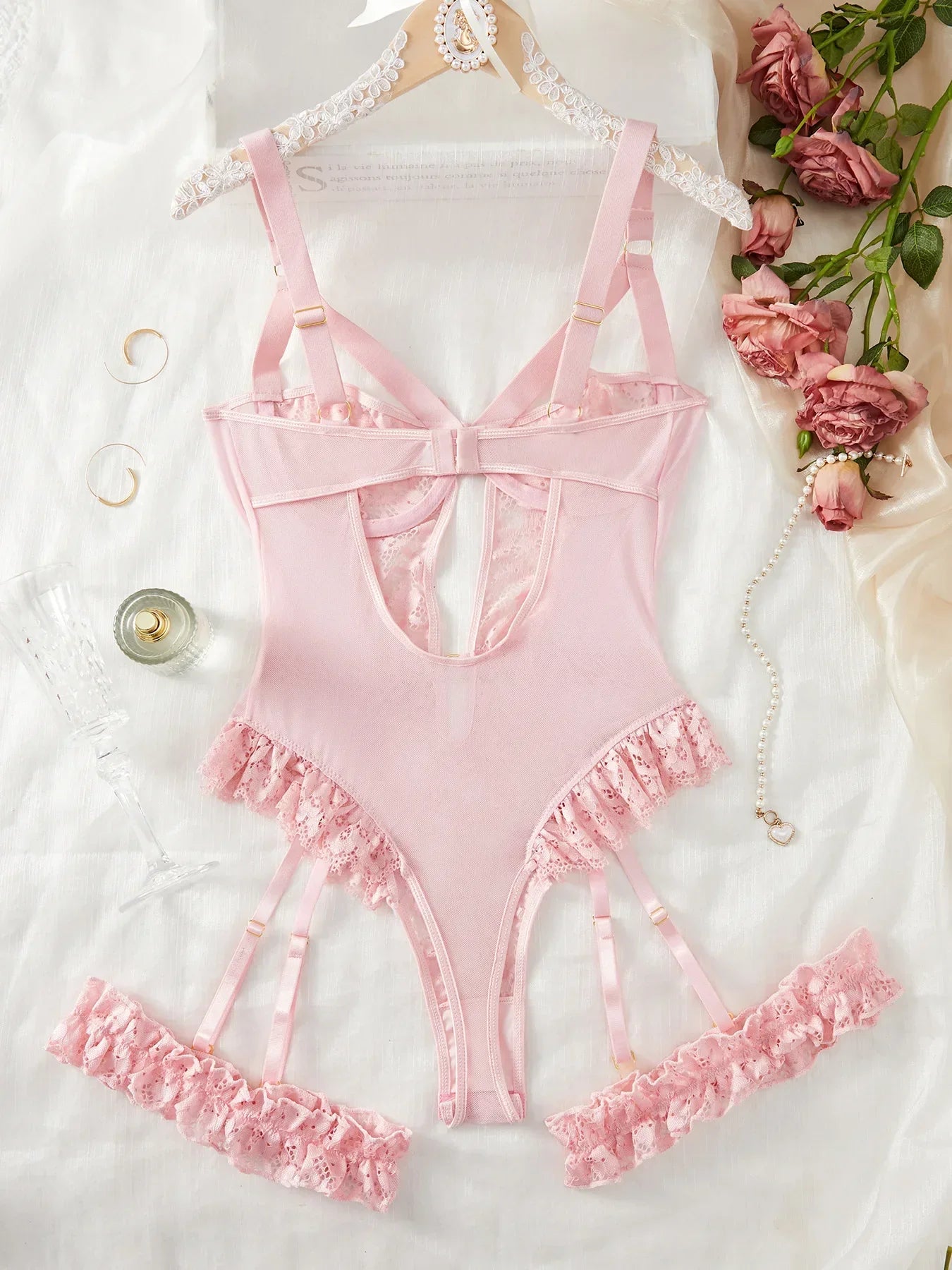 2pcs Red Floral Lace Garter Lingerie Set - Empire P.E