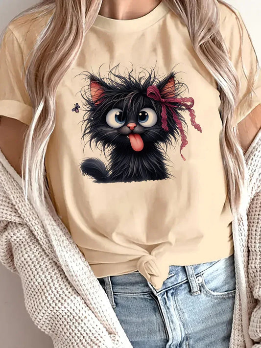 Women's Funny Fried Cat Cartoon T-Shirt