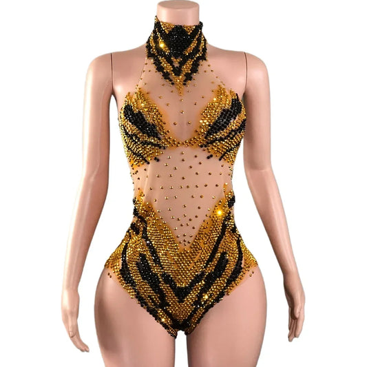 Sparkly Rhinestones Bodysuit for Women Sexy Mesh Costume - Empire P.E
