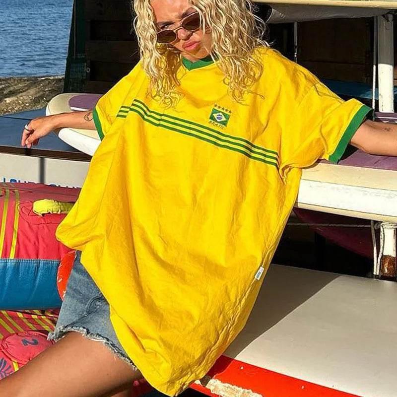 Brazil Embroidery Yellow Tshirt Casual Loose Medium And Long Sleeves Y2k Clothing Tops Oversized T-shirt Beach Summer Women Tees - Empire P.E
