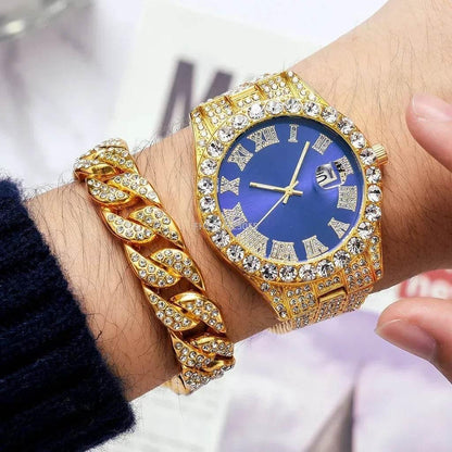 Watch Bracelet Set Hip Hop Stainless Steel Gold Color Calendar Watch for Men Iced Out Paved Rhinestones Men Watch Reloj Hombre - Empire P.E