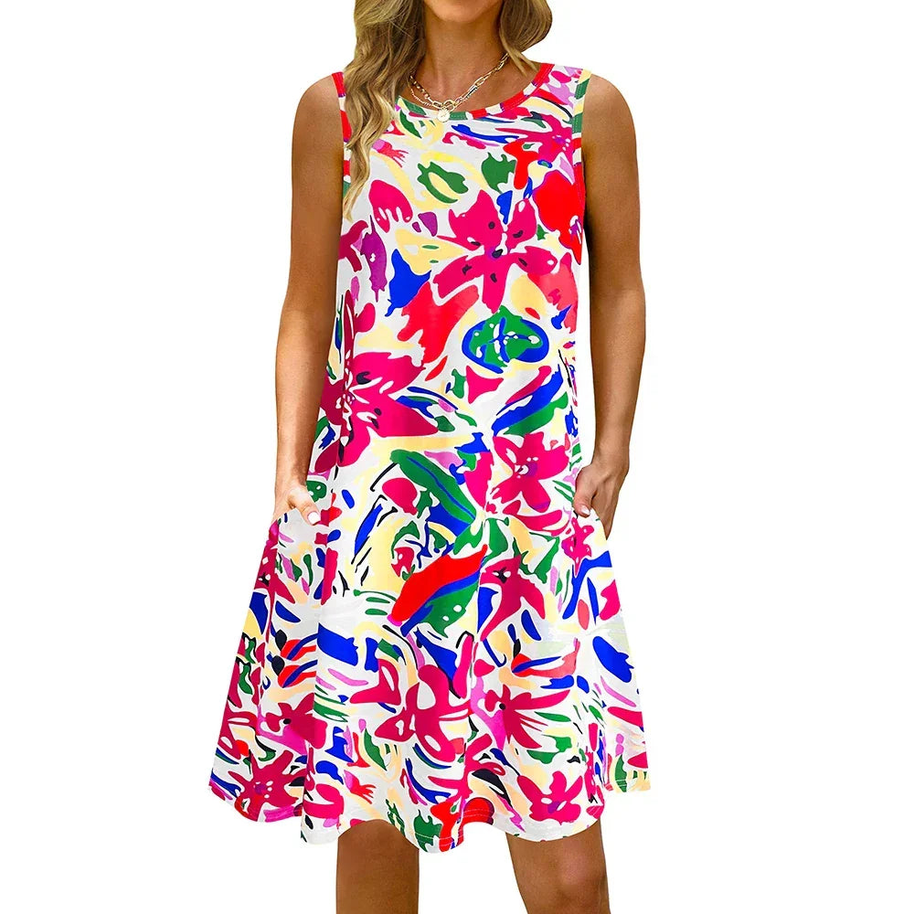 S-5Xl Colorful Printed O Neck Long Dress - Empire P.E