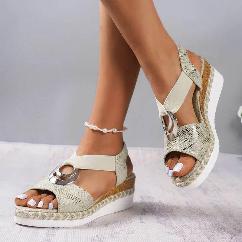 2025 Summer Gold Wedge Heel Sandals Women Fashion Snake Print Platform Sandles Woman Metal Ring Buckle Thick Sole Rome Sandalias - Empire P.E
