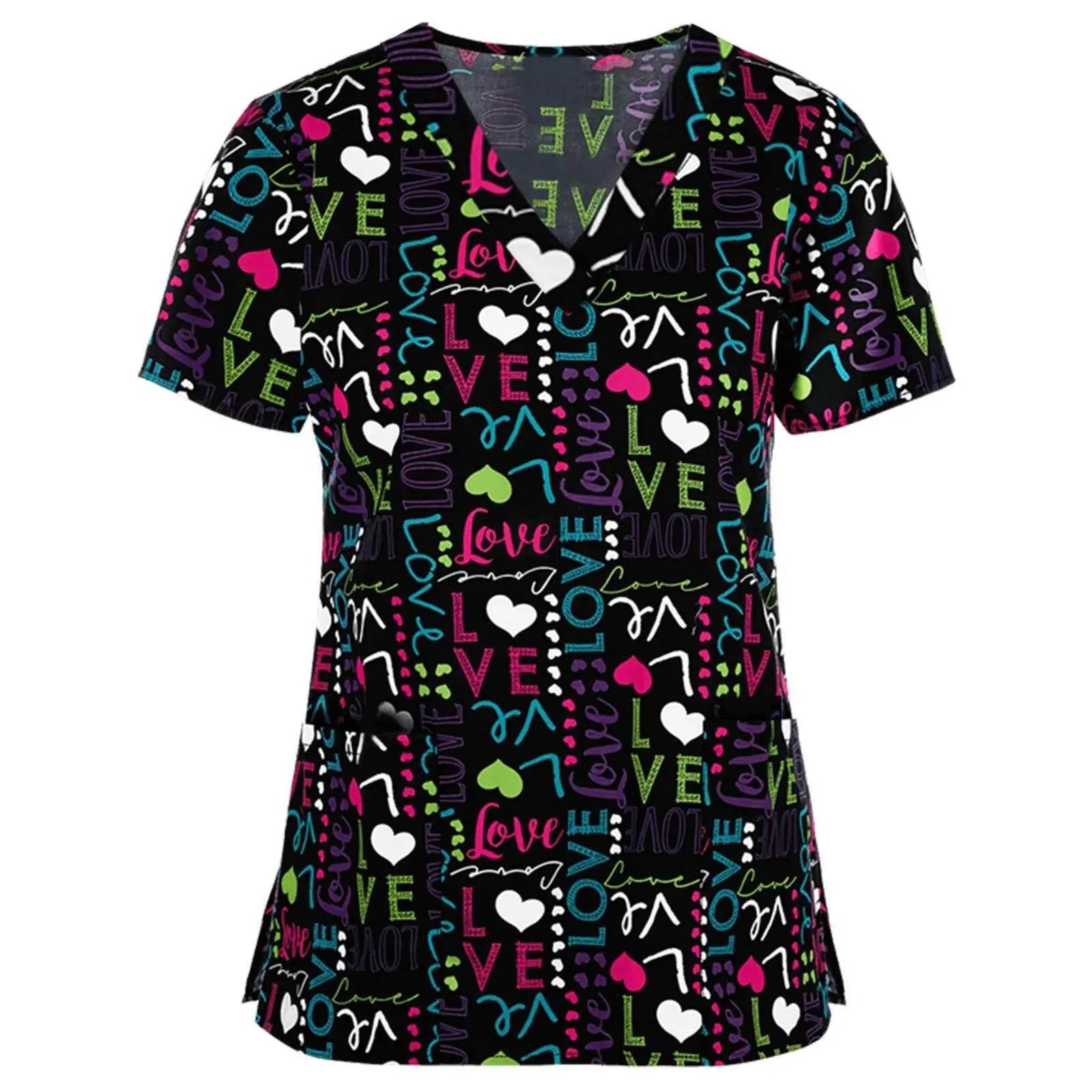 Women Working Uniform Animal Print Cartoon Cat Dog Short Sleeve V-neck Tops - Empire P.E