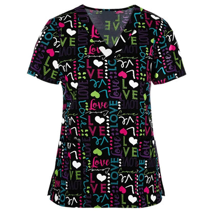 Women Working Uniform Animal Print Cartoon Cat Dog Short Sleeve V-neck Tops - Empire P.E