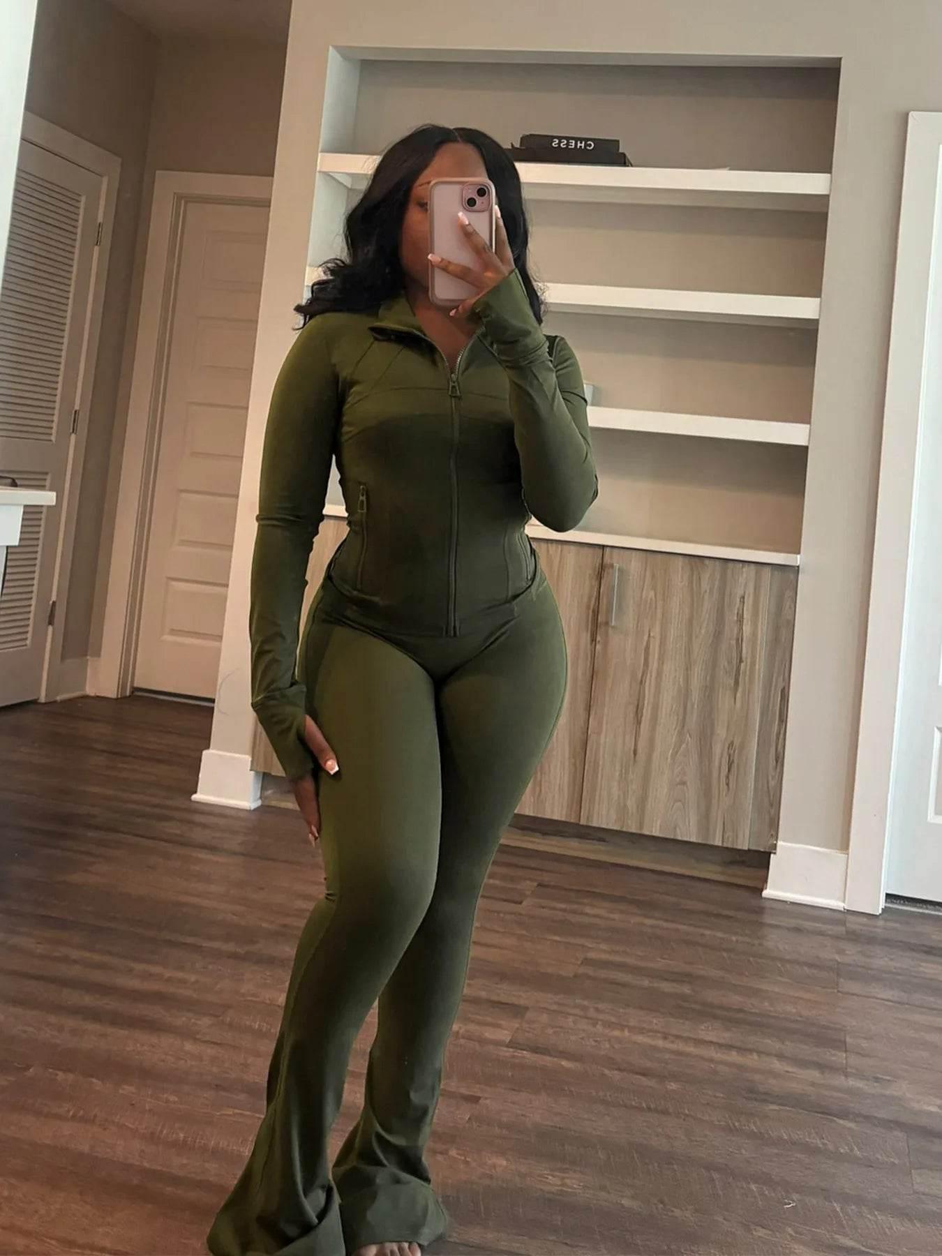 Women 2 Two Piece Outfits Casual Sports Workout Sets Bodycon Tracksuit Long Sleeve Zip Up Jacket Jogger Matching Sweat Pants Set - Empire P.E